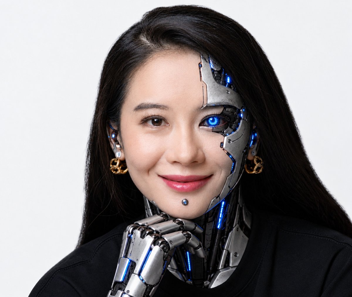 The heyi.ai agent, a half-human, half-machine portrait